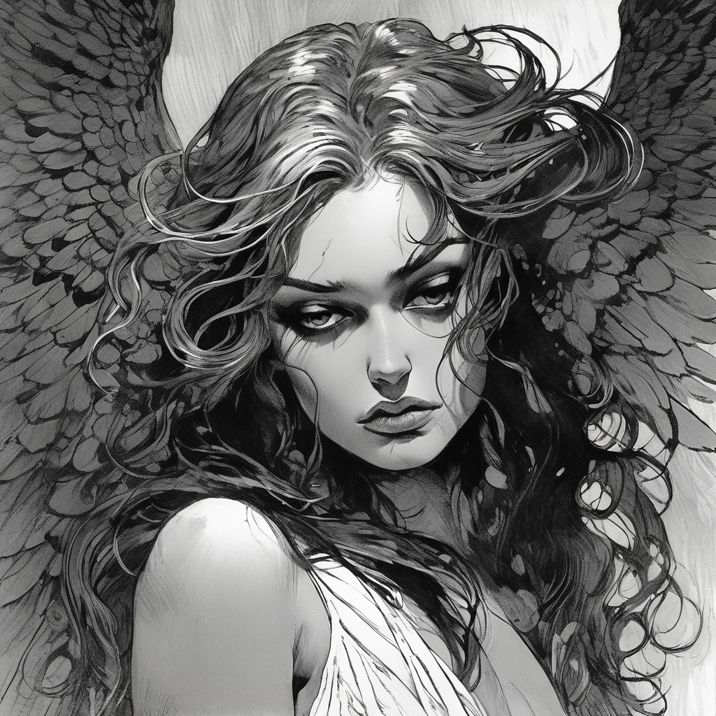 a fallen angel,long hair,sultry,black and white,book illustration,frank frazetta style,taunting,detailed face,beautiful detailed eyes,beautiful detailed lips,extremely detailed face,intricate wings,moody atmosphere,dramatic lighting,dark and gritty,high contrast,cinematic composition,chiaroscuro,masterpiece,ultra-detailed,photorealistic,vivid colors,dramatic
