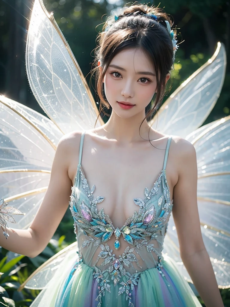 a European woman with pastel rainbow colored fairy wings, sparkling jewels, in a magical fairyland、