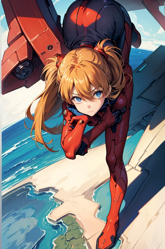 slender pretty girl, alone, Evangelion, Shikinami Asuka Langley, {red plug suit}, school swimsuit, top quality, fine details, no blush, small ???????, small eyes, blue sky, splashing, pose with hands on ????