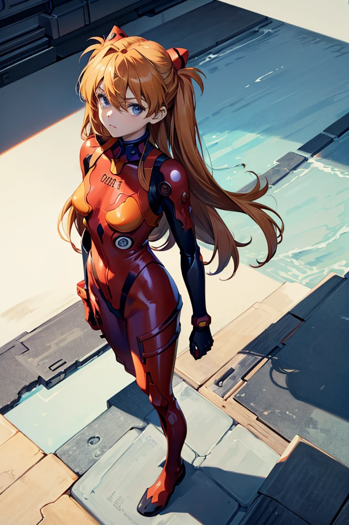 (masterpiece), best quality, expressive eyes, perfect face, 1girl, solo, souryuu asuka langley, interface headset, red bodysuit, hands on waist, standing, hand raised, pointed at the viewer, laboratory background, portrait, looking at the viewer, from above