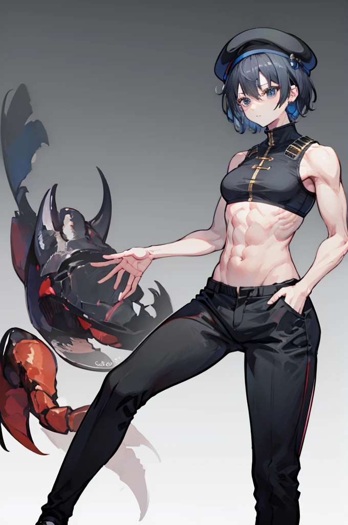 Human physique,Human anatomy,Scorpion tail,person of African descent, Short hair,Beret, Above all,Black pants,Black shoes,