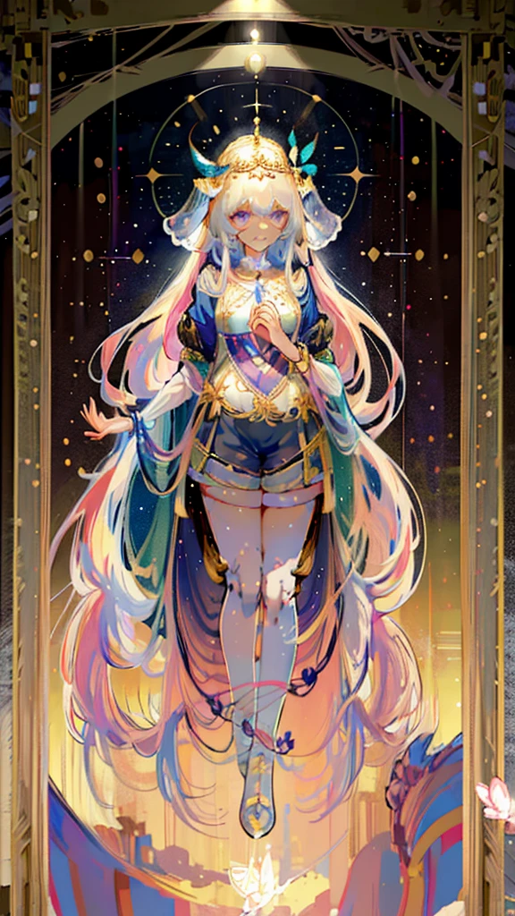 A young heroine with long loose light pink hair and shiny blue eyes. Smiling with a soft and gentle alive smile. Her costume is a white blouse and shorts which blue pastel sleek lines, and intricate details. Butterflies color past flying all around her. Flat chest, pretty blue bracelet. (illustration), ((masterpiece)), ((top quality)), (((high resolution)), ((dignity 8K wallpaper, detailed background)), (beautiful detailed eyes), (detailed light). Beautiful face, perfect style, symmetrical star shaped iris eyes. Full body shot. White boots. Cute bangs. Long flowing hair.