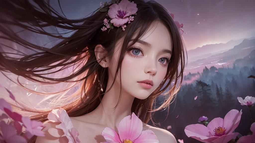 32k, Masterpiece, Highest quality, One girl, Detailed eyes, flower,Sandersonia, Pink and brown style,A dreamy, romantic piece,Pale pink, Mysterious Leaves,A playful arrangement,Fantasy,High Contrast,Ink strokes,explosion,Exposure, Impression of pink and brown tones,Abstract,((Watercolours by John Berkey and Jeremy Mann )) Brush strokes,Negative Space, Tyndall effect,