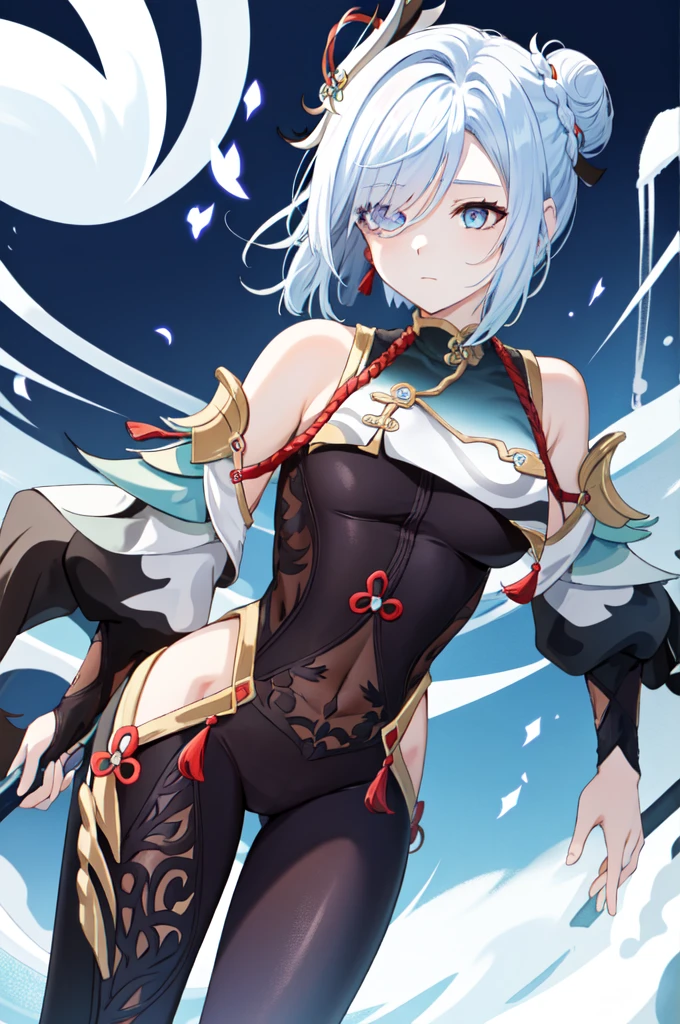 shenhe(genshin impact), bare shoulders, hair over one eye, 1girl, barbarian markings, short white hair ponytail bun, blue eyes magenta eyes, hair bangs covering eye, half closed eyes, hair over one eye, (((bodysuit))))