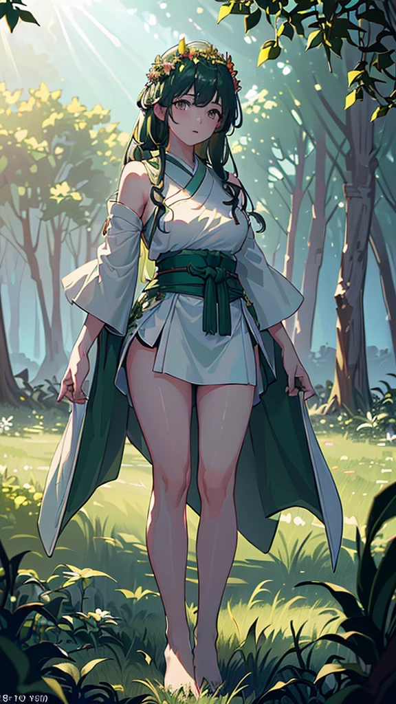 ((((Nature's Blessing) high res, realistic)), 1girl, calm, standing, (((Verdant attire, floral crown, leafy accessories))), [natural surroundings], (forest, trees, greenery, wildflowers:1), full body, facing viewer, (((natural light, soft glow))), medium breasts, looking down, ((serene smile)), ((gentle eyes)), (((beautiful hands))), (((lively foliage))), (ground texture), (soft focus), (relaxed pose), 25 years old, ((full face, full body, head:1, arms, hips in view, elbows, thighs, in view)), (((high contrast))),((4k resolution)),((high quailty lens)),((lens ISO f4.5)),((effect blurred rim +5)),((Eliminates Chromatic Aberration)),((Enable Canon lens correction)),BREAK,((best graphics model)),((Bright balance and soft ratio)), ((moderate dark balance)),((dark area 30%)),((((contrast 10%)), BREAK,((ratio sun beam 60%)),((Sky light 10%)),BREAK,((of the highest quality, 8K,Raw photo)),Japanese style colors, Soft-beam light, afternoon light,BREAK,((Fixed Finger, Hand))