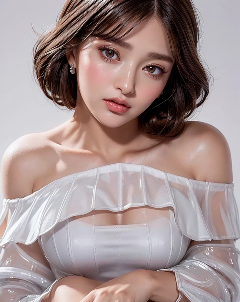 (Best quality, 4k, Masterpiece :1.4), pretty woman, 1girl, sexy :1.1, bangs dark brown hair: 1.1, ultra-detailed face, detailed lips, detailed eyes, double eyelid, in the dark, deep shadow, low key, cold light, (Best quality, 4k, Masterpiece :1.4), pretty woman, sexy :1.1, dark brown hair: 1.1, ultra-detailed face, detailed lips, detailed eyes, double eyelid, ((Off-the-shoulder semi-transparent white outfit:1.4)),