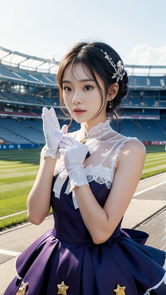 8ｋ、masterpiece、Highest quality、
Narita Top Road、、Stadium、Confetti、Live-action quality、sweating、Please raise your hand、Down、
Ear coverings、Star hair ornament、brooch、Sleeveless dress、Purple Dress、White ribbon、The gloves don&#39;t fit、White gloves、Black gloves、Shoulder cutout、Fluffy long sleeves、Removable sleeves、See-through sleeves、Frills、ドレスのDownのショーツ、Shorts、紫のShorts、Thigh straps、Knee Boots、Purple footwear, ((((lingerie))))