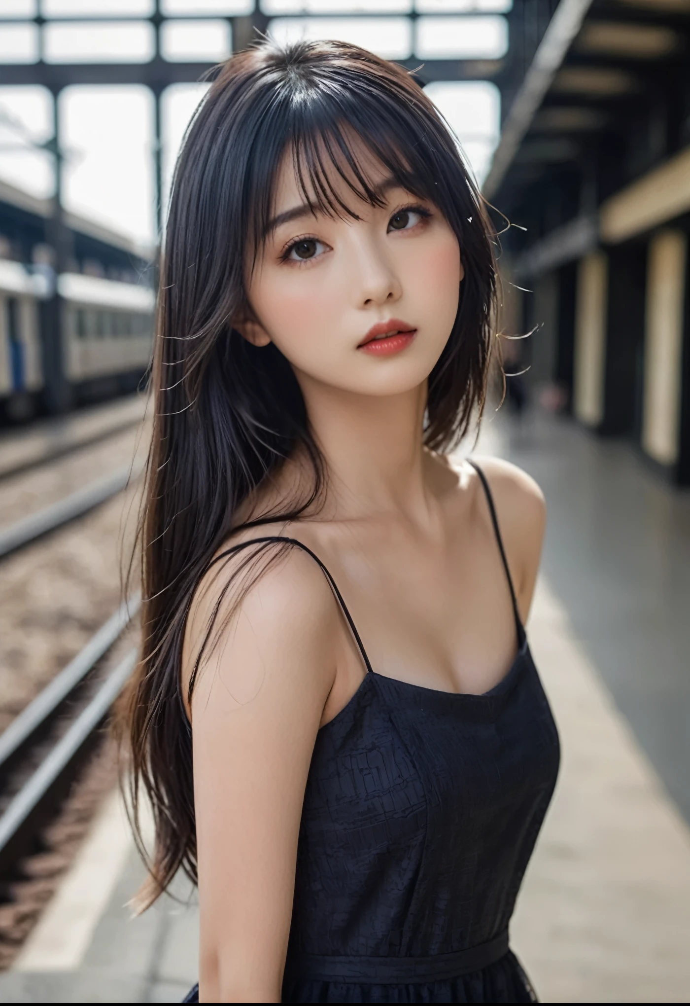 a girl，cute and pretty face，Long straight black hair，Long bangs covering eyes，long eyelashes，(Fine eyes)，small eyes，(half-closed eyes)，(Dark lipstick)，(Dark eyeshadow)，Slim body，Slender limbs，Black spaghetti strap dress，Inside an old railway station，clean focus，shallow Depth of Field，Ultra-detailed faces，very beautiful face，Extremely high texture skin，Look into the distance，beautiful legs，seductive，femainine pose，(realistic ，realistic-photo，RAW photo，8K original)，artistic photography，UHD，highres，masterpiece，retina，sharpness