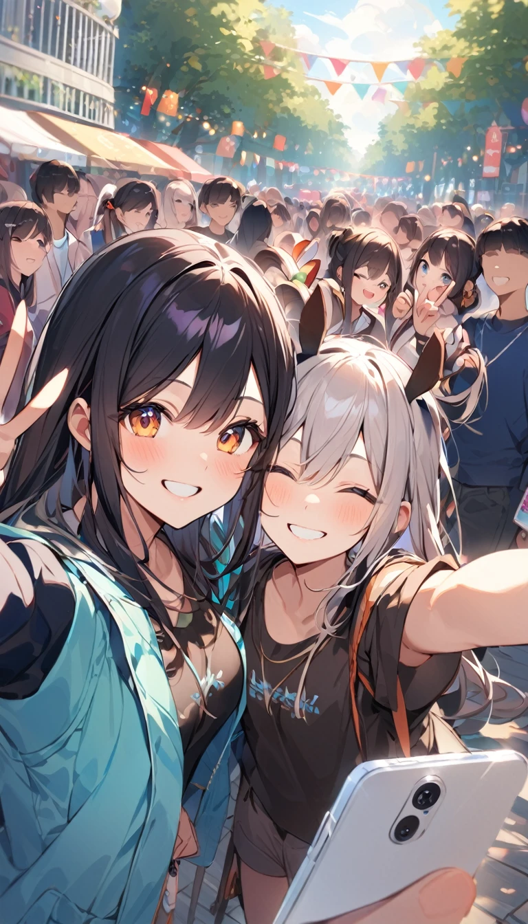 Many people were gathered at the entrance to the festival, all smiling, taking selfies with their smartphones, and making peace signs.