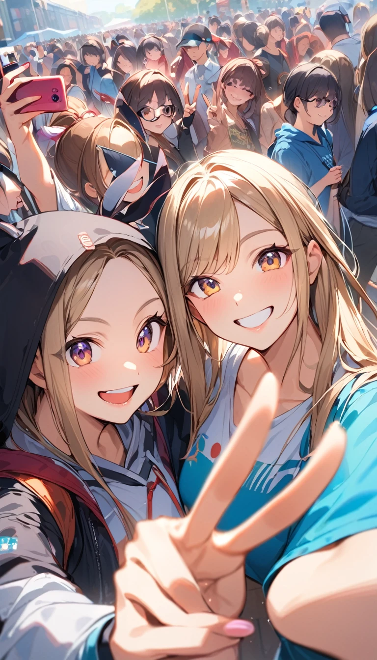 Many people were gathered at the entrance to the festival, all smiling, taking selfies with their smartphones, and making peace signs.