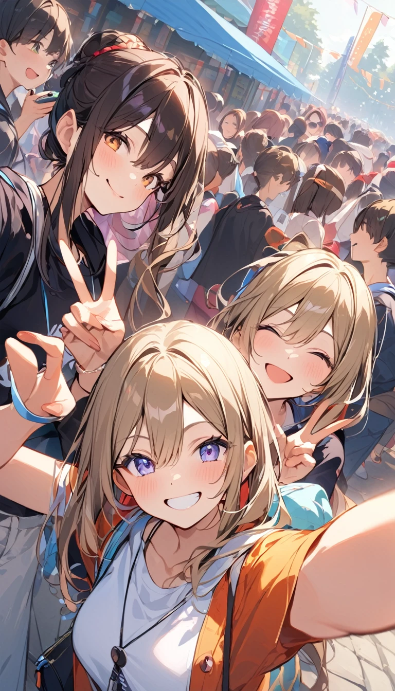 Many people were gathered at the entrance to the festival, all smiling, taking selfies with their smartphones, and making peace signs.