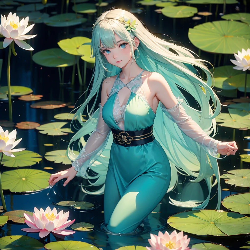 Draw a girl against the background of a pond with water lilies and lotus