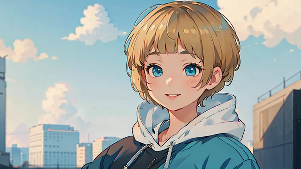 1 young asian girl, short hair, sitting, looking up at the sky, futuristic buildings, golden flying airship in the blue sky with flowing clouds, smiling, boyish, thin, wearing black shorts, white hoodie, black sneakers, (best quality,4k,8k,highres,masterpiece:1.2),ultra-detailed,(realistic,photorealistic,photo-realistic:1.37),cinematic lighting,beautiful detailed eyes,beautiful detailed lips,extremely detailed eyes and face,long eyelashes,intricate details,vibrant colors,dynamic composition,Short mash hair, short cut hair, blonde hair color, turquoise eyes