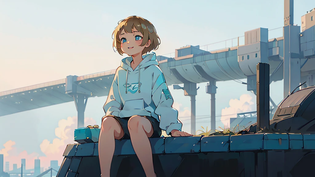 ung asian girl, short hair, sitting, looking up at the sky, futuristic buildings, golden flying airship in the blue sky with flowing clouds, smiling, boyish, thin, wearing black shorts, white hoodie, black sneakers, (best quality,4k,8k,highres,masterpiece:1.2),ultra-detailed,(realistic,photorealistic,photo-realistic:1.37),cinematic lighting,beautiful detailed eyes,beautiful detailed lips,extremely detailed eyes and face,long eyelashes,intricate details,vibrant colors,dynamic composition,Short mash hair, short cut hair, blonde hair color, turquoise eyes