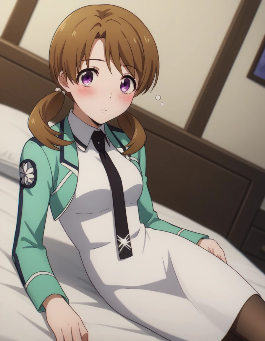 score_9, score_8_up, score_7_up, source_anime,
honokamitsui, honoka mitsui, bangs, brown hair, twintails, purple eyes, low twintails,
long sleeves, dress, , pantyhose, necktie, white dress, black necktie,
indoors, bed, bed room, on side, blush, drunk,
solo, dutch angle, looking at viewer, cowboy shot,