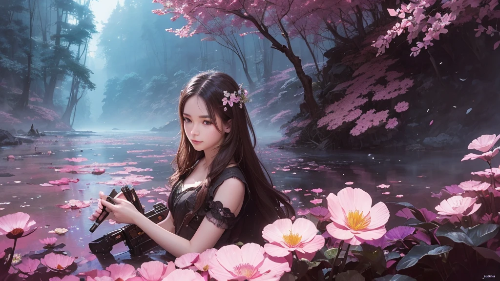 32k, Masterpiece, Highest quality, One girl, Detailed eyes, flower,Sandersonia, Pink and brown style,A dreamy, romantic piece,Pale pink, Mysterious Leaves,A playful arrangement,Fantasy,High Contrast,Ink strokes,explosion,Exposure, Impression of pink and brown tones,Abstract,((Watercolours by John Berkey and Jeremy Mann )) Brush strokes,Negative Space, Tyndall effect,