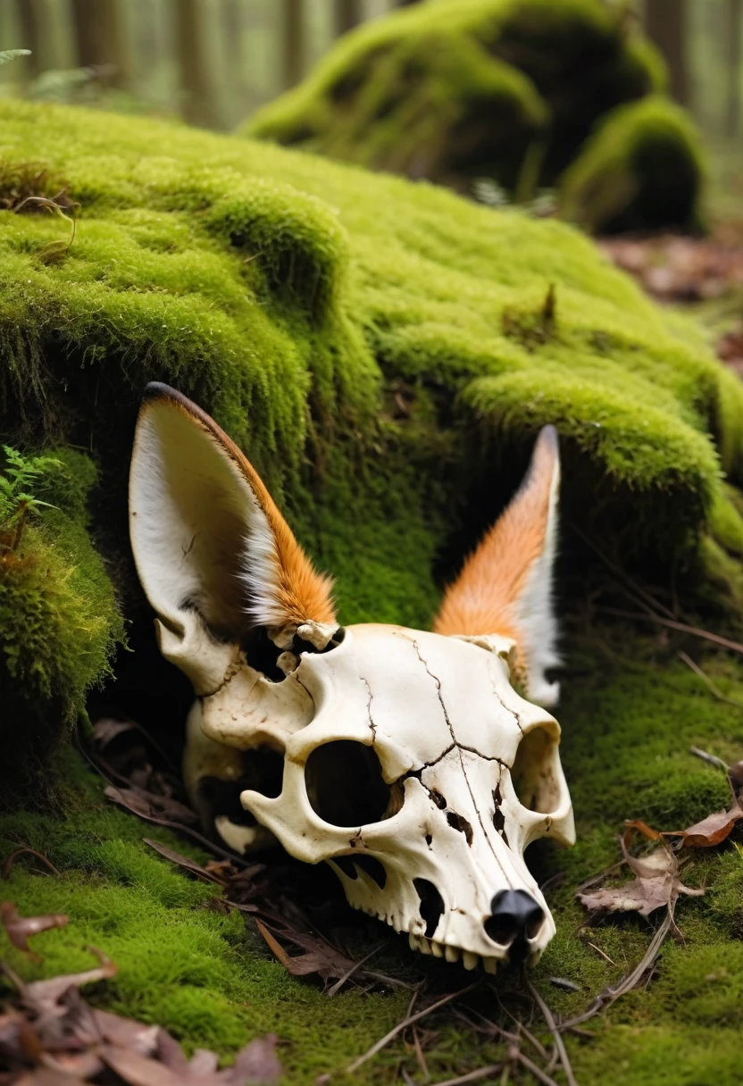 One fox skull laying on the ground under some moss, creepy fox, creepy fox skull