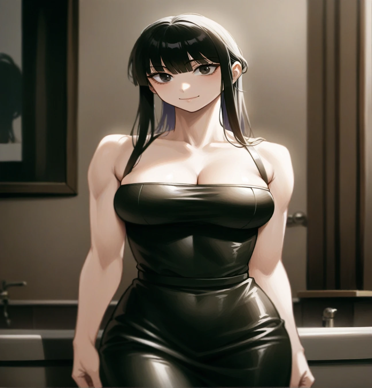 (hinata\(boruto\), (sfw, high quality, anime, cowboy shot, transparent apron, off-shoulders, little biceps, super detailed body, smile), ((cooking, stretching up full body), (medium-big breasts, cleavage, little biceps), closed mouth), pale skin, ((floating hair, dark blue, short hair, hime cut، loose hair), (location: bathtub room), big hip.
