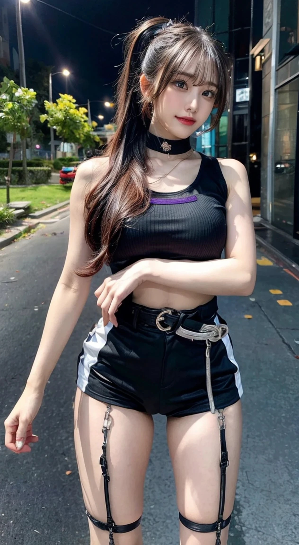 a beautiful girl with striking purple eyes and long purple hair in a ponytail, wearing a green choker, o-ring top, sleeveless tank top, waist cape, black shorts, green belt, and boots, standing in a night scene