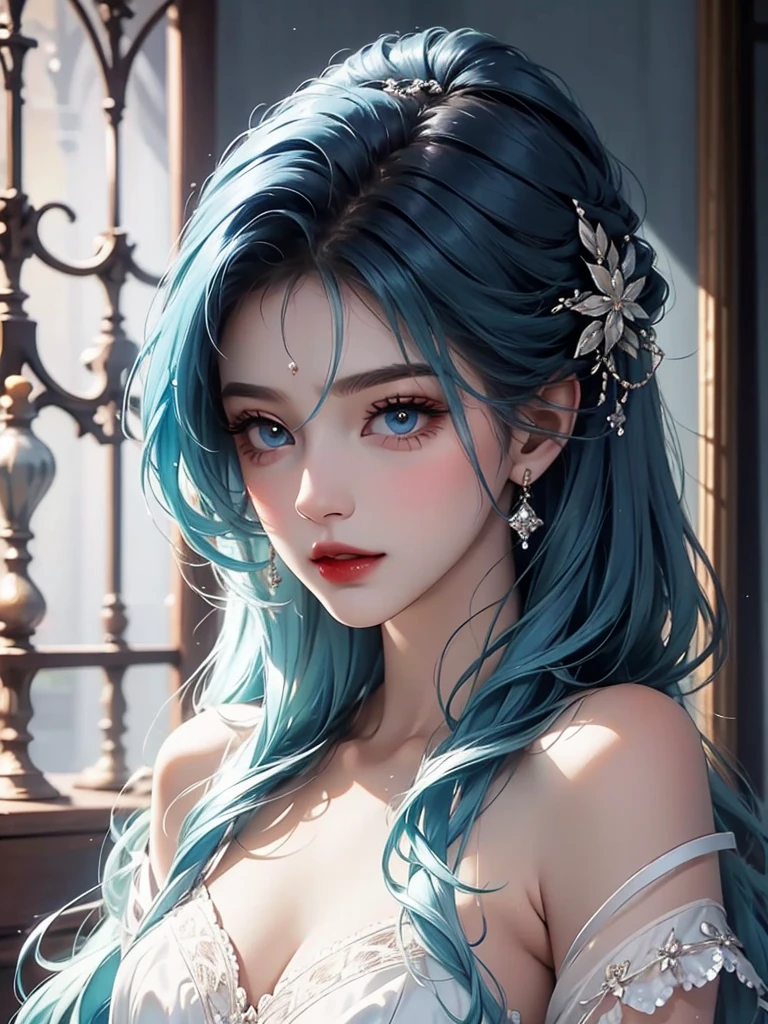 Beautiful woman in gorgeous clothes,Greasy and shiny blue lipid hair,(Upper Body)Features