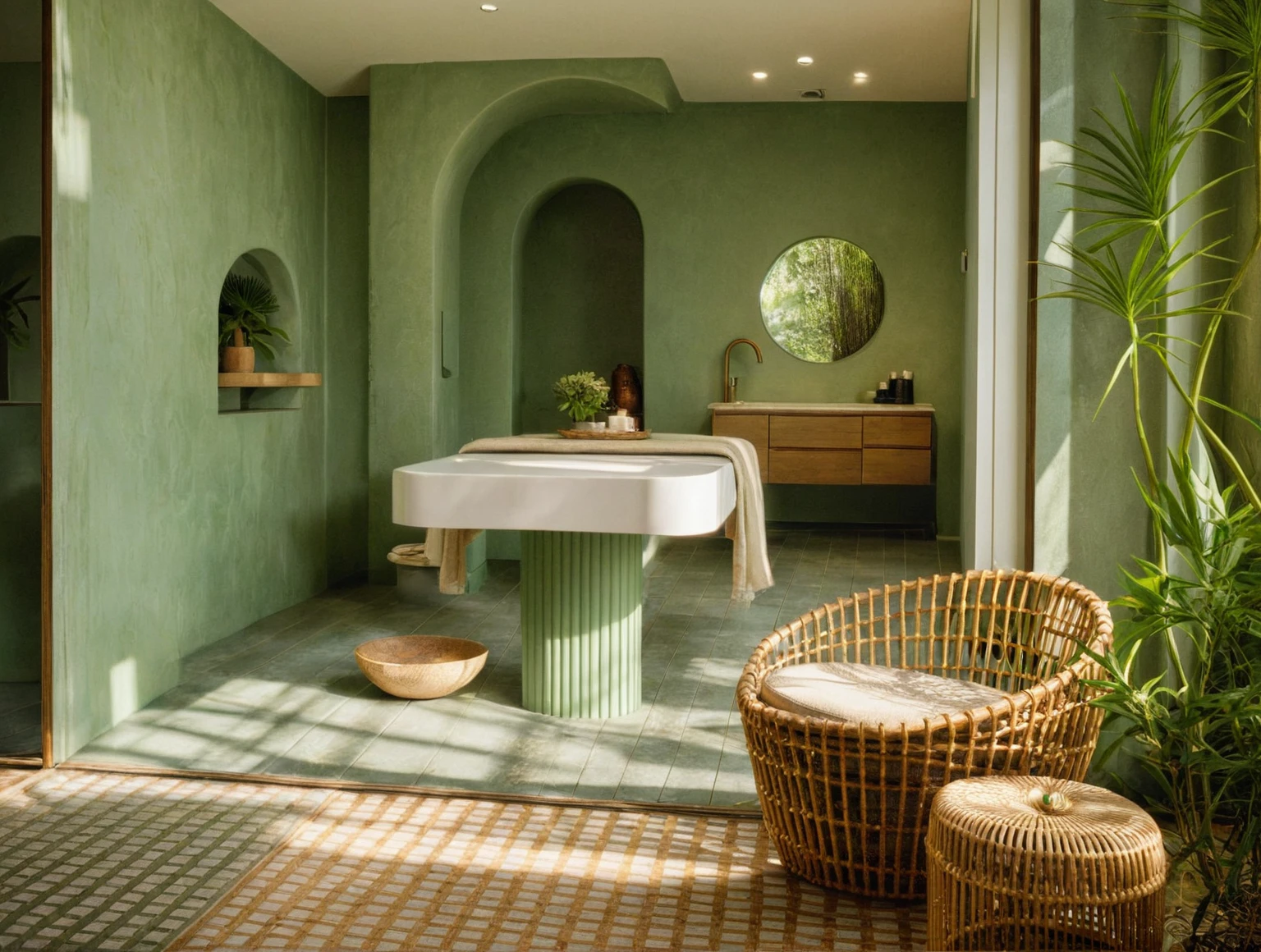 Raw photo, Masterpiece, high quality, best quality, authentic, super detail, interior, indoors, spa room style modern, minimalist, chair rattan, vanity, The curvature of the arch is exact, door ,The spa room is spacious and airy. A comfortable chair is arranged in the middle of the room, along with a small table with a vase of small flowers. The natural light from the large window highlights the peaceful and relaxed atmosphere in the space.
A cool green corner in the spa room. Many potted green plants are arranged around, creating a sense of closeness to nature. The clear water pond reflects the sky. Everything blends together to create a relaxed and purifying space.
The dim diffuse light through the large door frame. The shadow of a person lying leisurely on the soft leather chair. The fragrant aroma from the vase of flowers permeates the room. All worries seem to have vanished in this quiet space.
The spa room is overflowing with green color from trees and plants. The gentle soft light creates a feeling of tranquility and freedom of mind and spirit. Everyone is relaxing on the comfortable chair, preparing for the beautifying experience.
A cool green corner in the heart of the city. Voices are drowned out by the sound of leaves rustling. The gentle soothing fragrance relieves all fatigue. Flowers compete to show their colors. Light filters through the leaves, casting shadows on the floor. This is truly a place to relax the soul. plant, daylight, table dining, daylight:1.1), vivid colors, (realistic:1.2),