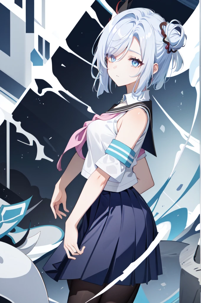 shenhe(genshin impact), bare shoulders, hair over one eye, 1girl, barbarian markings, short white hair ponytail bun, blue eyes magenta eyes, hair bangs covering eye, half closed eyes, hair over one eye, (((school uniform))))