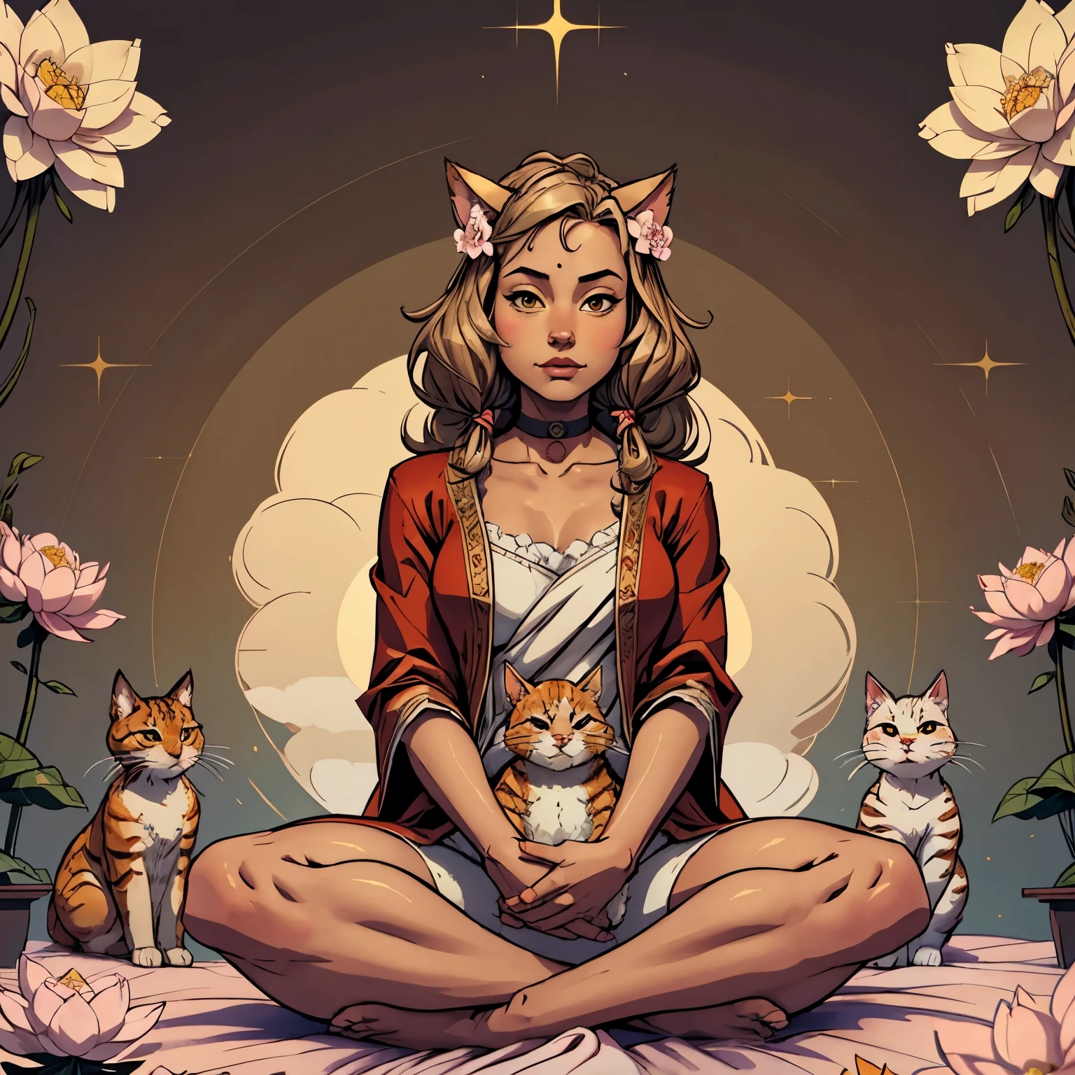 1cat,solo,sitting,relaxed,looking at viewer,calm expression,fluffy fur,brown tabby pattern,wearing a cute collar and red robe with golden kasaya,peaceful background with a Buddha,cat sitting at Buddha's lap,lotus flowers,soft pastel colors,animation style,high quality,heavenly light effects,(Masterpiece:1.25),(best quality:1.25),(ultra-detailed:1.1),(adorable:1.1),(kawaii style:1.1),(high resolution:1.2)