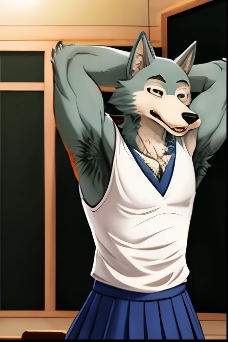 Male, wolf, legoshi, beastars, shy expression, masculine, raised arm, showing armpit, hairy armpit, Japanese , school outfit, white sleeveless shirt, small blue skirt