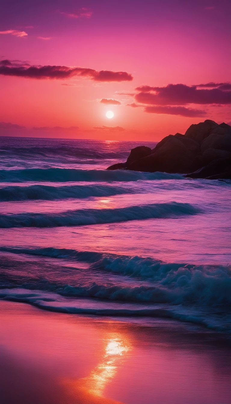 A stunning pink ocean scene with gentle waves lapping against the shore, reflecting the vibrant hues of a sunset. The sky is painted in shades of pink, purple, and orange, casting a magical glow over the serene waters. In the distance, a few fluffy clouds add to the dreamy atmosphere, and a silhouette of a small island is visible on the horizon. The scene is tranquil and otherworldly, evoking a sense of peace and wonder