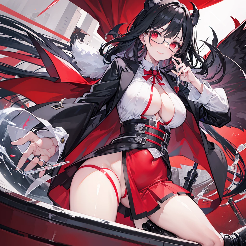 ((beautiful girl))1 2, big breasts, smile, pubic hair, ((Silver-rimmed glasses))1 3, black hair, red eyes, big Fang, vampire, Medical Coats, holding a test tube in each hand, Inside the Laboratory, 