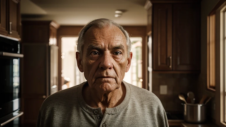 a worried old man running to his kitchen, realistic portrait, highly detailed, 8k, photorealistic, cinematic lighting, dramatic shadows, warm colors, detailed facial features, expressive eyes, detailed wrinkles, detailed clothing, motion blur, tight framing, masterpiece