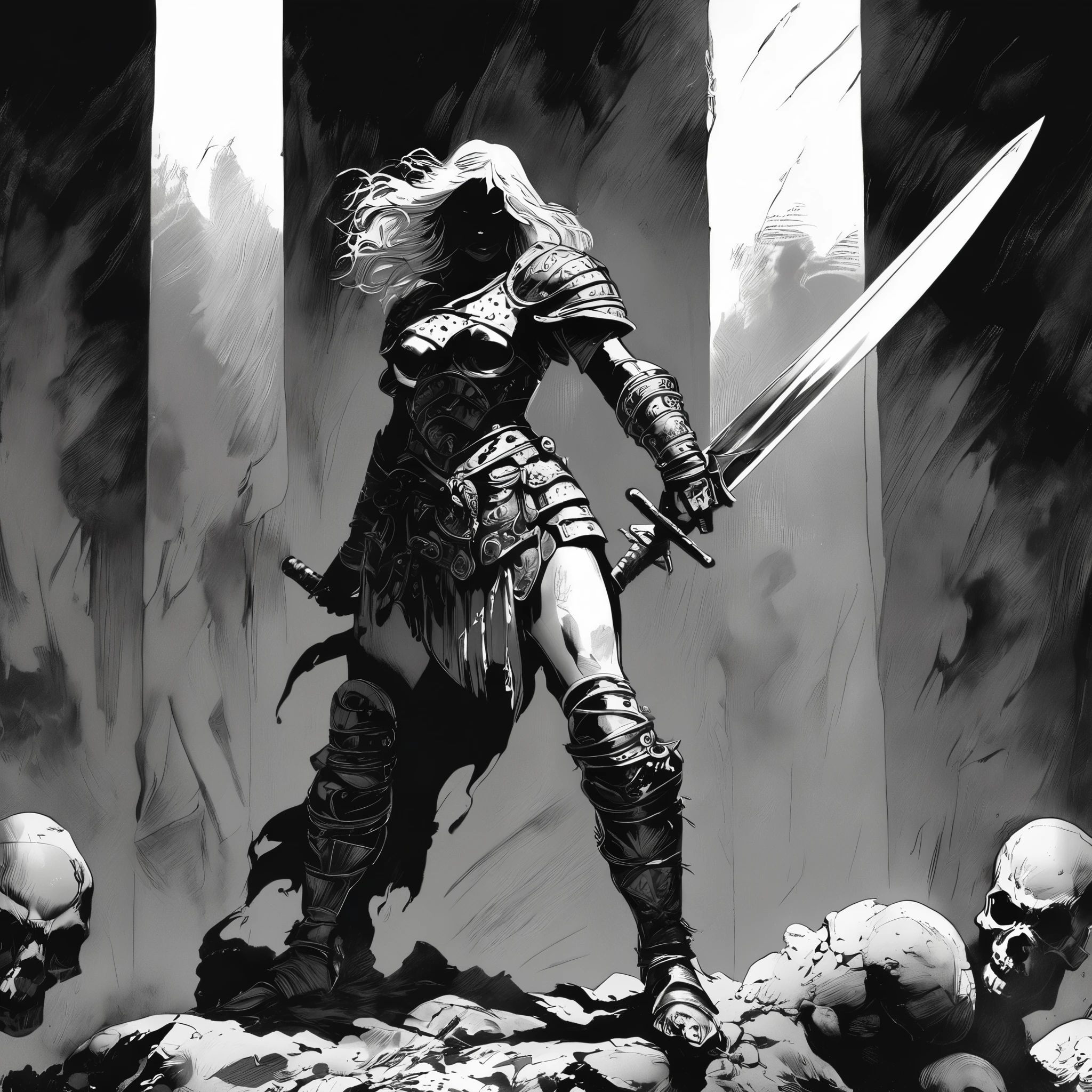 a warrior woman in black and white armor with a large sword thrusting down,Frank Frazetta style,detailed armor,detailed sword,dramatic pose,chiaroscuro lighting,dramatic shadows,moody atmosphere,cinematic composition,ultra-detailed,high contrast,gritty texture,photorealistic,masterpiece