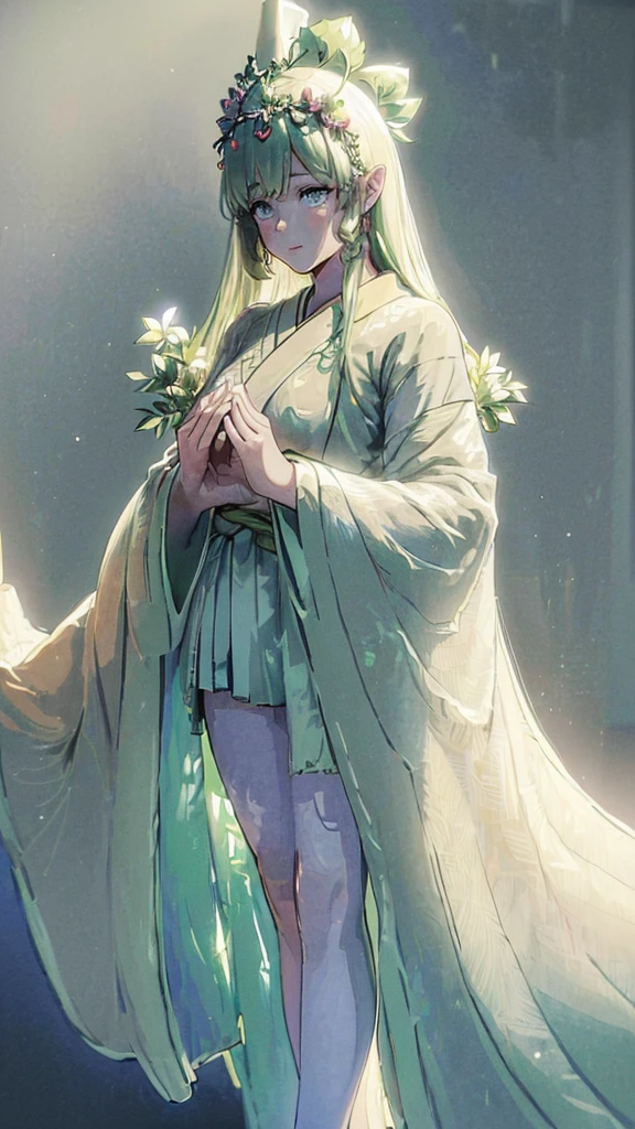 ((((Nature's Blessing) high res, realistic)), 1girl, calm, standing, (((Verdant attire, floral crown, leafy accessories))), [natural surroundings], (forest, trees, greenery, wildflowers:1), full body, facing viewer, (((natural light, soft glow))), medium breasts, looking down, ((serene smile)), ((gentle eyes)), (((beautiful hands))), (((lively foliage))), (ground texture), (soft focus), (relaxed pose), 25 years old, ((full face, full body, head:1, arms, hips in view, elbows, thighs, in view)), (((high contrast))),((4k resolution)),((high quailty lens)),((lens ISO f4.5)),((effect blurred rim +5)),((Eliminates Chromatic Aberration)),((Enable Canon lens correction)),BREAK,((best graphics model)),((Bright balance and soft ratio)), ((moderate dark balance)),((dark area 30%)),((((contrast 10%)), BREAK,((ratio sun beam 60%)),((Sky light 10%)),BREAK,((of the highest quality, 8K,Raw photo)),Japanese style colors, Soft-beam light, afternoon light,BREAK,((Fixed Finger, Hand))