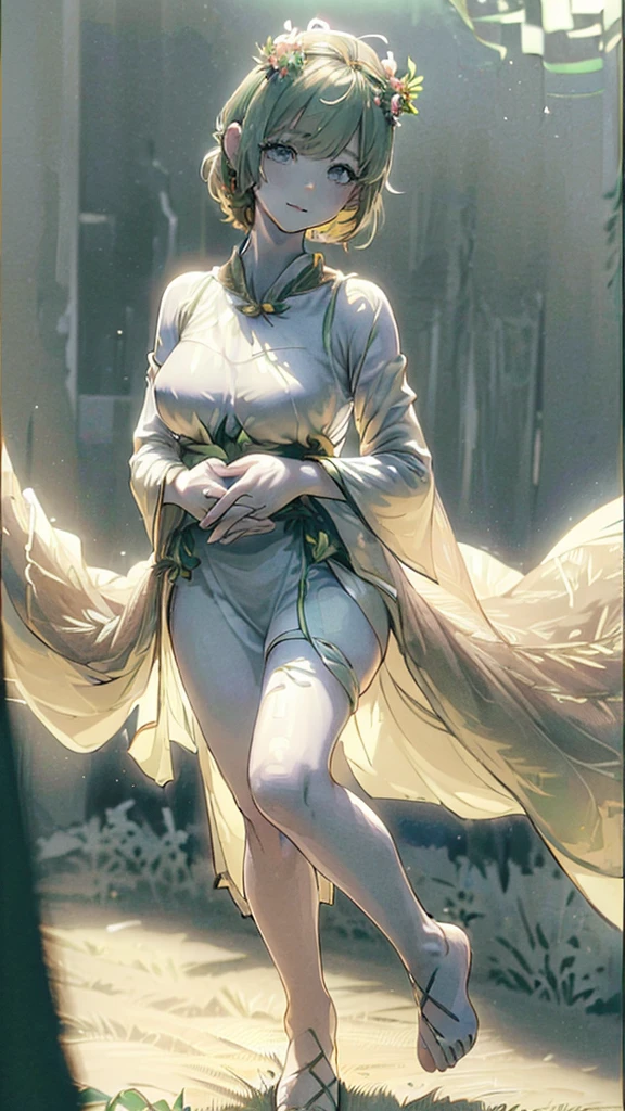 ((((Nature's Blessing) high res, realistic)), 1girl, calm, standing, (((Verdant attire, floral crown, leafy accessories))), [natural surroundings], (forest, trees, greenery, wildflowers:1), full body, facing viewer, (((natural light, soft glow))), medium breasts, looking down, ((serene smile)), ((gentle eyes)), (((beautiful hands))), (((lively foliage))), (ground texture), (soft focus), (relaxed pose), 25 years old, ((full face, full body, head:1, arms, hips in view, elbows, thighs, in view)), (((high contrast))),((4k resolution)),((high quailty lens)),((lens ISO f4.5)),((effect blurred rim +5)),((Eliminates Chromatic Aberration)),((Enable Canon lens correction)),BREAK,((best graphics model)),((Bright balance and soft ratio)), ((moderate dark balance)),((dark area 30%)),((((contrast 10%)), BREAK,((ratio sun beam 60%)),((Sky light 10%)),BREAK,((of the highest quality, 8K,Raw photo)),Japanese style colors, Soft-beam light, afternoon light,BREAK,((Fixed Finger, Hand))