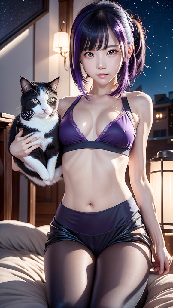AIBeauty、Prompto holding a cat、constellation、Night Sky、starry sky zoo、Real Beauty、Show off your whole body、Purple Hair、leggings、camisole、Spread your legs