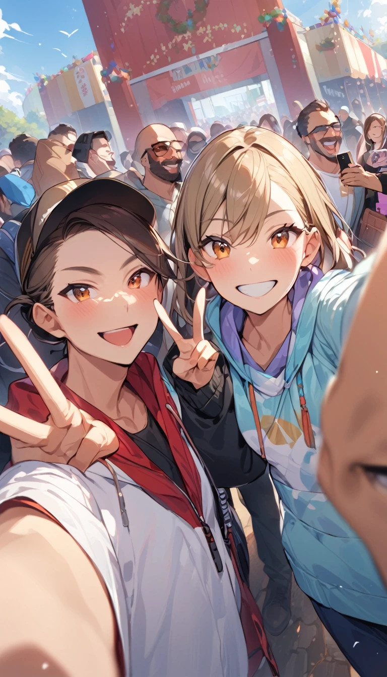 Many man were gathered at the entrance to the festival, all smiling, taking selfies with their smartphones, and making peace signs.