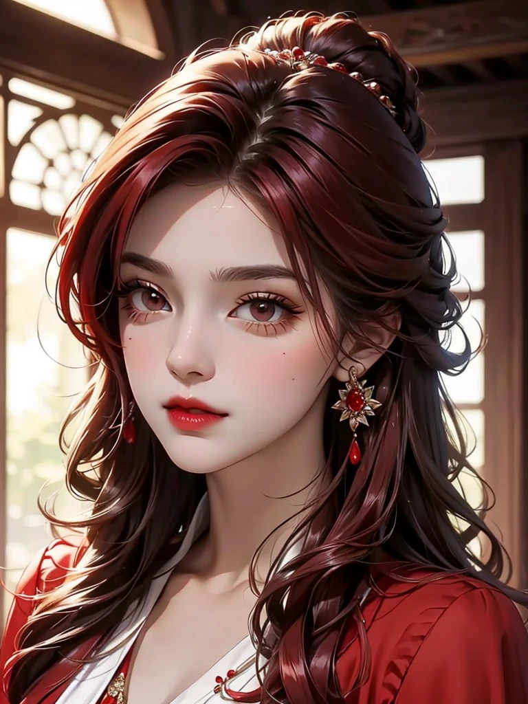 Beautiful woman in gorgeous clothes,Greasy and shiny red lipid hair,(Upper Body)Features