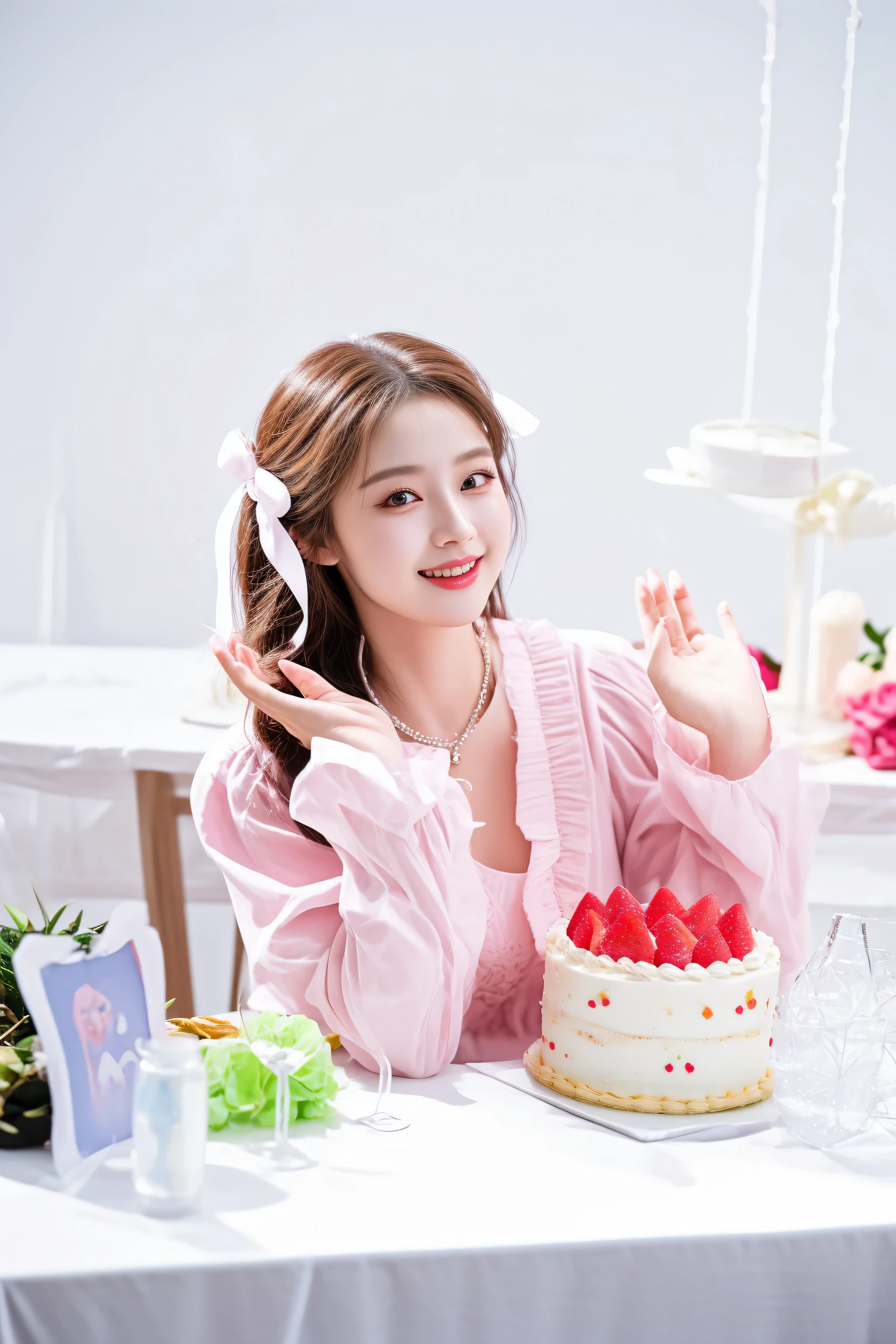 there is a woman sitting at a table with a cake, holding a birthday cake, tzuyu from twice, happy birthday, aerith gainsborough, cake in hand, sha xi, cake, a cute young woman, heonhwa choe, taken with canon eos 5 d mark iv, photo taken with nikon d 7 5 0
