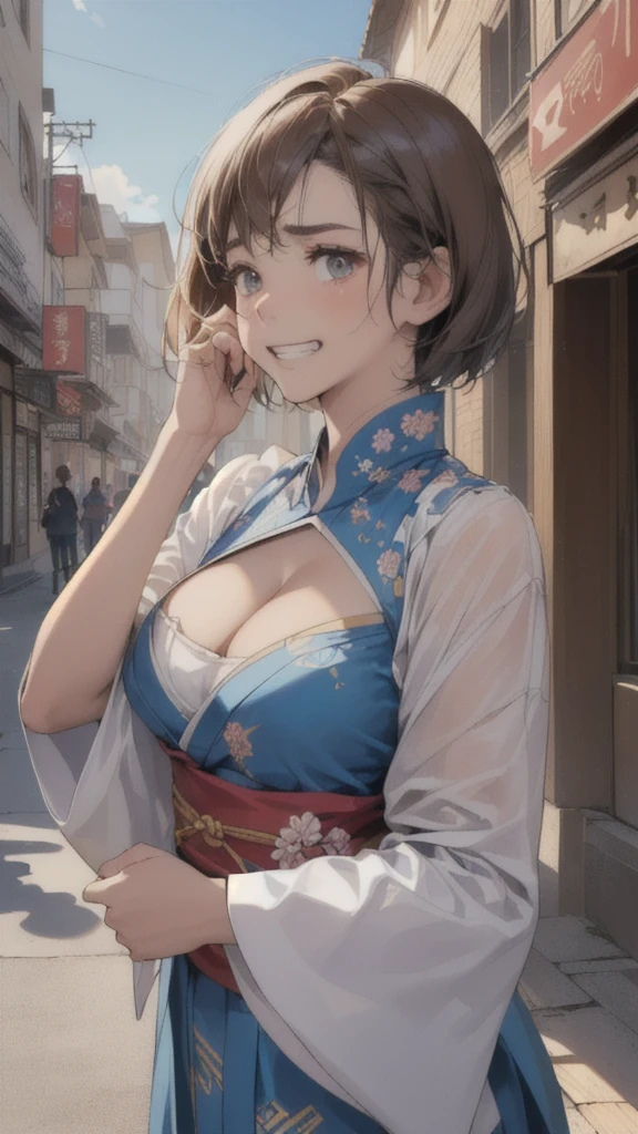 (perfect anatomy:1.2)(absurdres, highres, ultra detailed),masterpiece,best quality,high resolution,8k,Realistic face,Realistic skin texture,magnified textures, stunning clarity,detailed anime girl,(ultra detailed eyes and face),(:1.2),1 girl,(baby face:1.2),japanese girl,floral printed blue yukata,、(very short hair, two side up:1.4)、tareme,light brown hair:1.2,kanzashi、glamor、short stature、(grin:1.4)、(bust up:1.4),Steampunk in the Edo Period、(Vivid hieroglyph signs and street advertisements:1.2)、busy、(worried:1.9),autumn、hieroglyph,souk、Shopping Street、Ancient Egyptian statues,reaching out,(tanned skin:1.3 ),big breasts,look up viewer,round face,Shoulder Bare,(from front:1.2),(cleavage cutout:1.4),