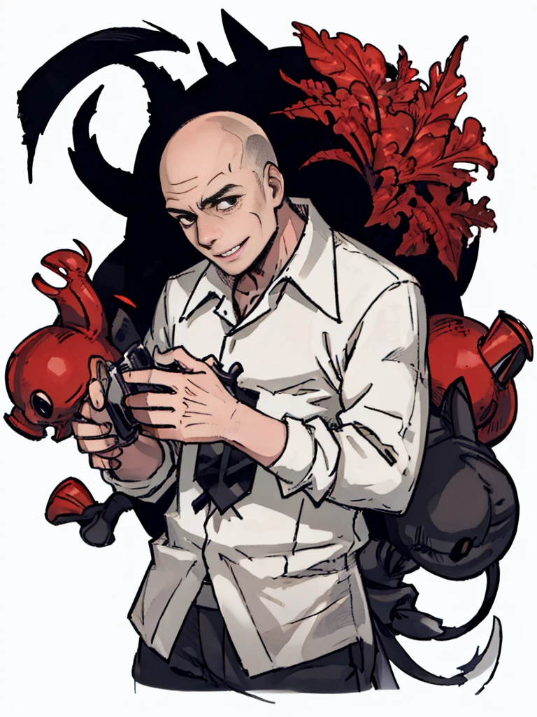 A man,front,((Half Body),(Baldhead)),Looked at,Sea-striped shirt,civilian,young people,Smile,Solid color background,White background