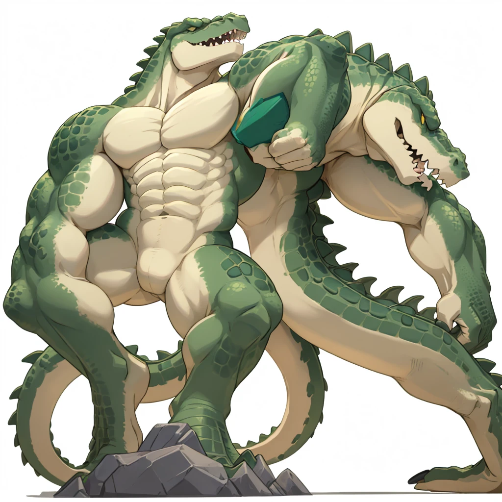 Libra, reptiles, Humanity, Crocodile, green body, scale, There is nothing there, Crocodilian, facial, Muscular, green scale, teeth、get annoyed、Fighting stance、Movement angle、Remains、(multiple、10)、(White background)、get annoyed、Open your mouth、(From the back、Back view)