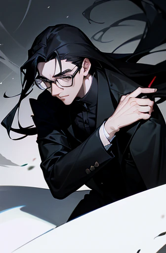 Pale-faced man wearing glasses、disease、Black suit and black coat、He has a gun、Handsome man with long black hair、