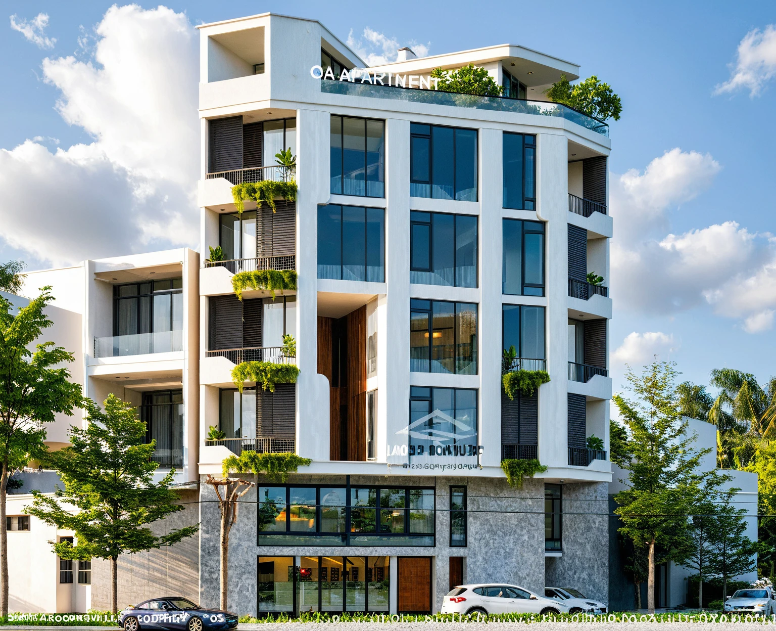 Masterpiece, high quality, best quality, authentic, super detail, outdoors, onestoreyvillaXL, aiaigroup, house style modern on the street ,stairs, white wall ,road,pavement, grass, trees, sky, cloud, (daylight:1.1)