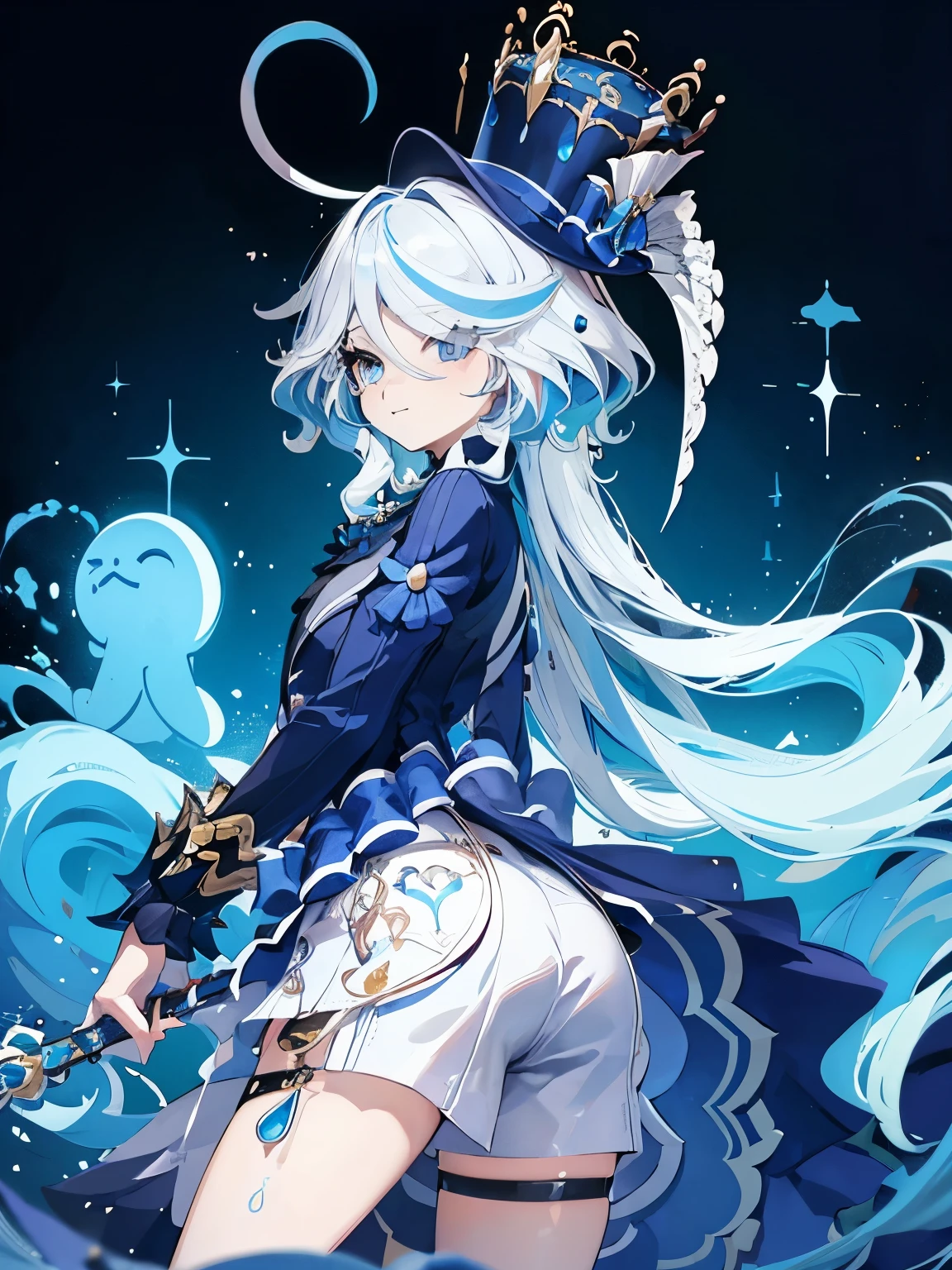 A girl, Very cute girl with a relaxed smile, game illustration,Forrina, White hair,Striped hair,Blue Hair, blue eyes, top hat, Jump, Hand drawn illustrations, Hand, Jewelry, One hand on waist,Stick out your butt
