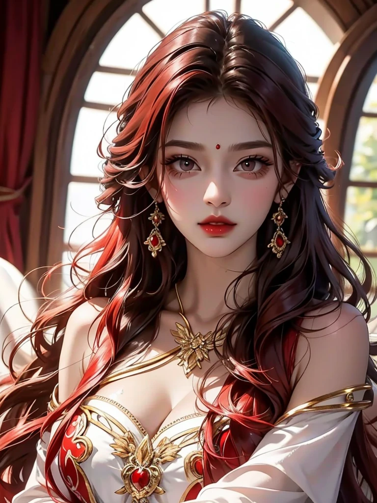 Beautiful woman in gorgeous clothes,Greasy and shiny red lipid hair,(Upper Body)Features