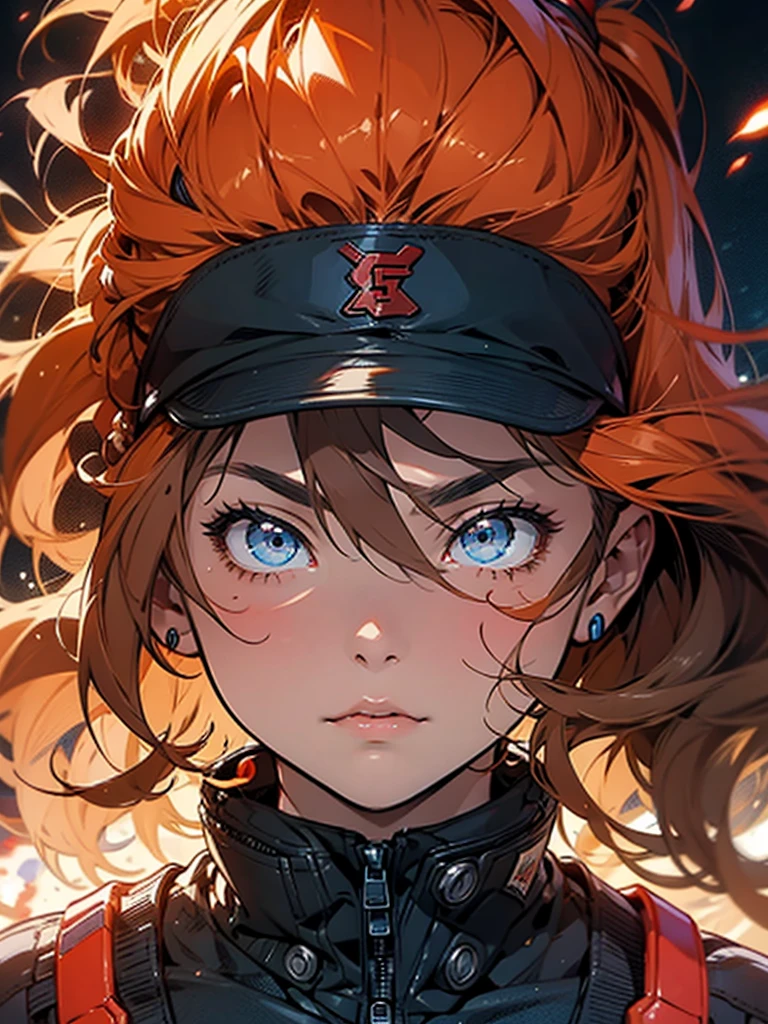 Asuka Langley Soryu，Blue eyes，hair between eyes，headware，Interface headset，Orange hair，battle costume，action pose，Thick coating，album artwork，Storytelling images