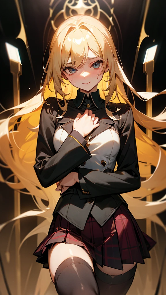 High School Girl Blazer、 uniform、Red checked knee-length skirt、Long skirt、JK Style、Jacket、smile、Knee-high socks、Thigh-high socks、pantyhose、Great beauty、So cute、Malaise、Rare beauty、Black dark eyeshadow、Good skin radiance、Straightening iron for long hair、Dark Gothic Makeup、暗いsmile、The beauty of fragrance、Stained Glass Background、masterpiece、Highest quality、See 5 books、Sweat glistening on my chest、Sweat glistening on the face、Small breasts、Blonde、Age: 19、Slightly slim、Mysterious look、Sad look、Golden Hair、Sweating profusely all over the body、Lots of sweat on thighs and light、Shiny thighs、There is a lot of sweat glistening on my thighs、Copious sweat glistens on the thighs、Sweating profusely、Gal、The Face of Japan、Captivating look、Thin thighs、I&#39;m playing the guitar、I have a guitar、Sing a song enthusiastically、I&#39;m playing the guitar in a band、I&#39;m playing the guitar chords、Background of the live music venue、Sing a song、Open your mouth、Live house scenery、Mike stand、Glamorous live stage、Dynamic Angle、Platform boots、Are standing、Hime cut hair、Gothic Lolita 、