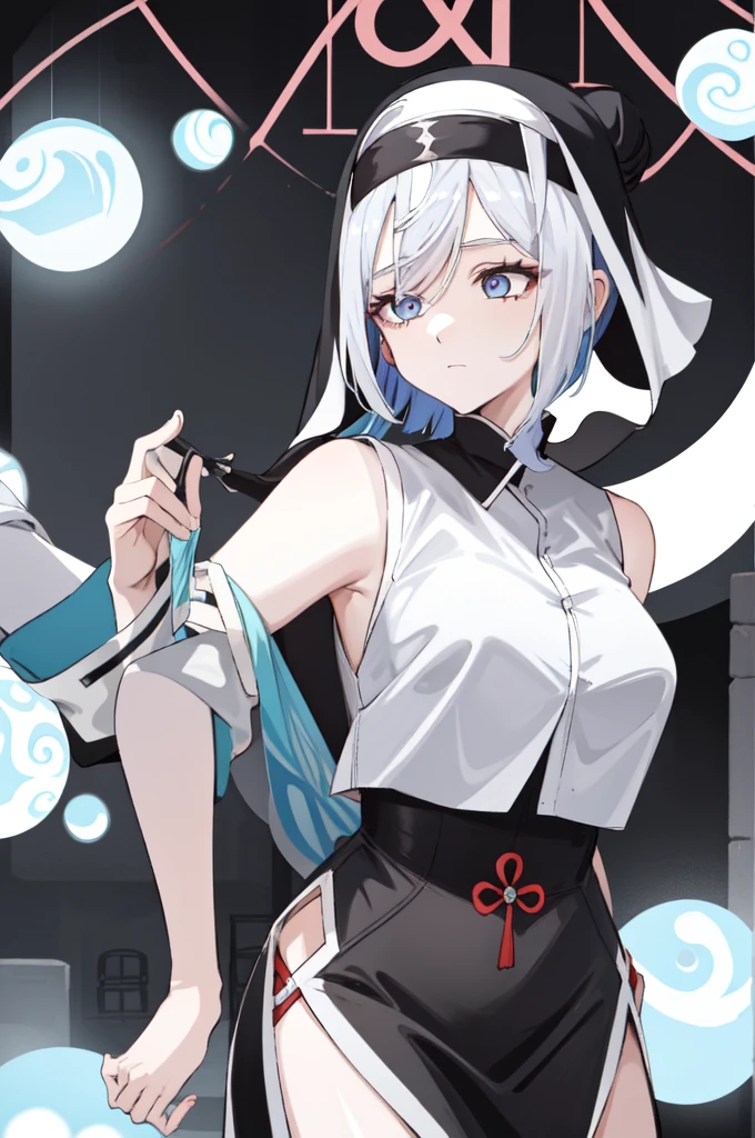 shenhe(genshin impact), bare shoulders, hair over one eye, 1girl, barbarian markings, short white hair ponytail bun, blue eyes magenta eyes, hair bangs covering eye, half closed eyes, hair over one eye, (((nun)))