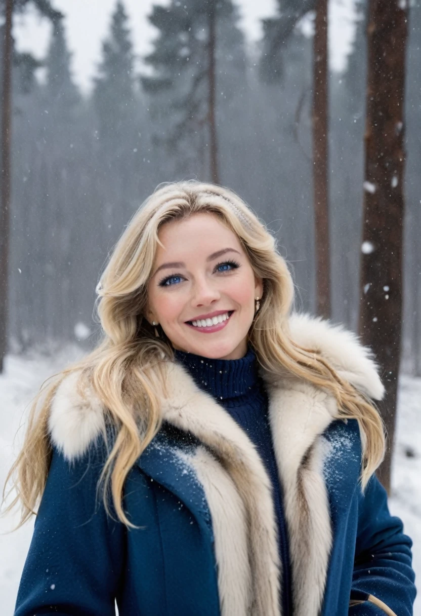 a smiling white woman with blue eyes and blonde hair wearing a blue coat and fur gloves standing in falling snow in front of a forest. Muted colors