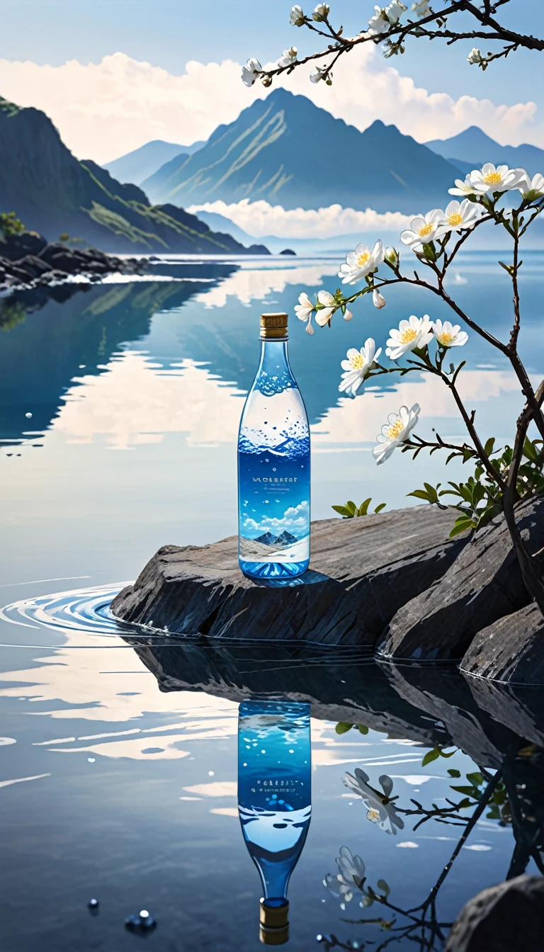 Outdoor, Bottle, water, not human, still life, vague, bubble, landscape, water drop, Ocean, null, nullnull, blue nullnull, cloud, vague background, Depth of written boundary, reflection, Lonely, rock, 运动vague, Mountain, White flower, branch, ice.